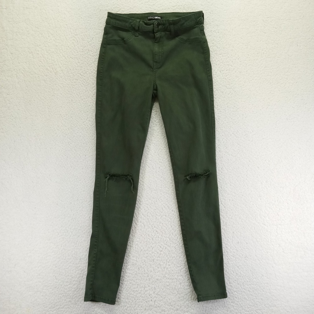 Fashion Nova Womens Olive Green Distressed Skinny Jeans High‎ Rise Size 11 P831